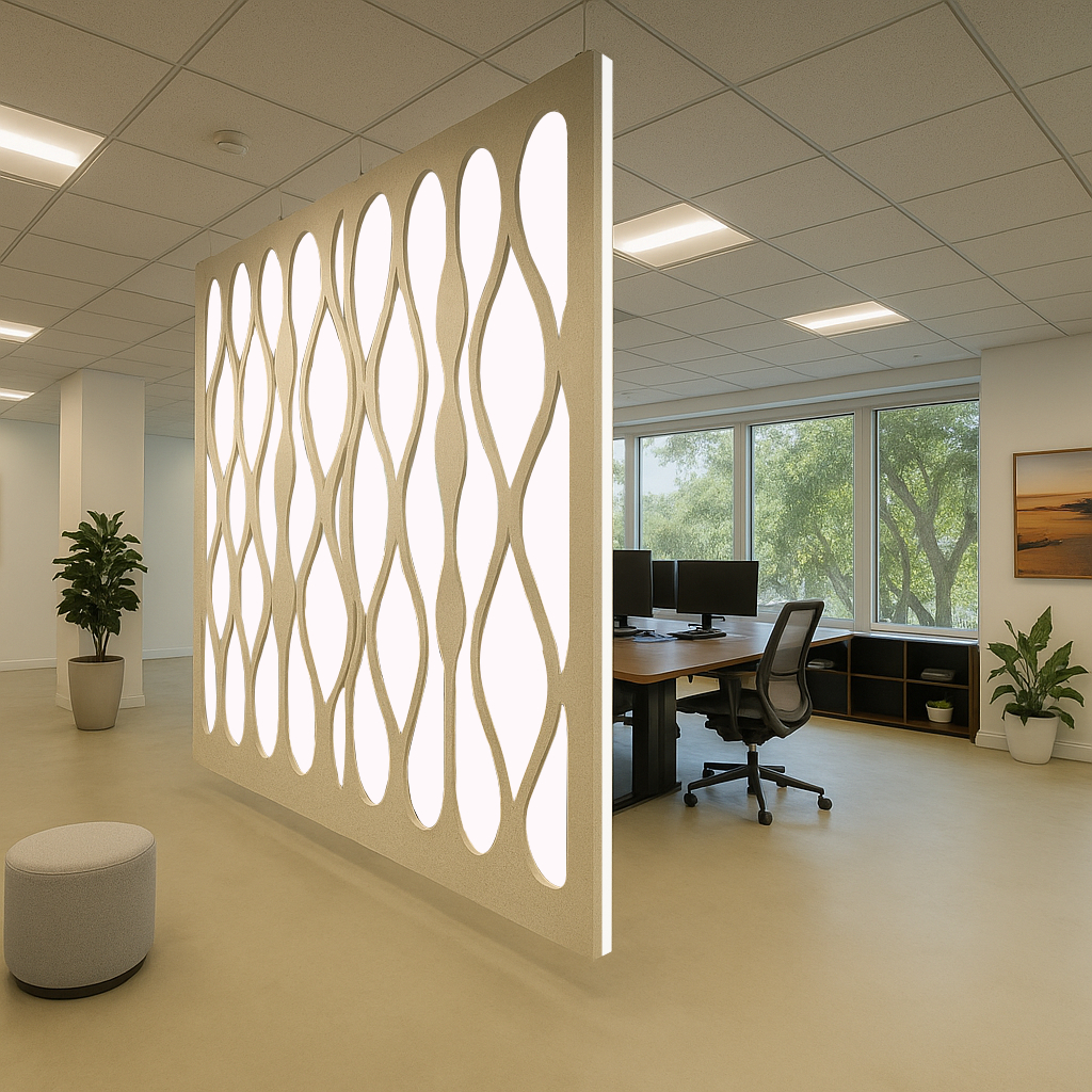 Rendered view of the perforated felt divider fixed to acoustic panels, starting at the column, with three 3×3 ft ceiling panels visible